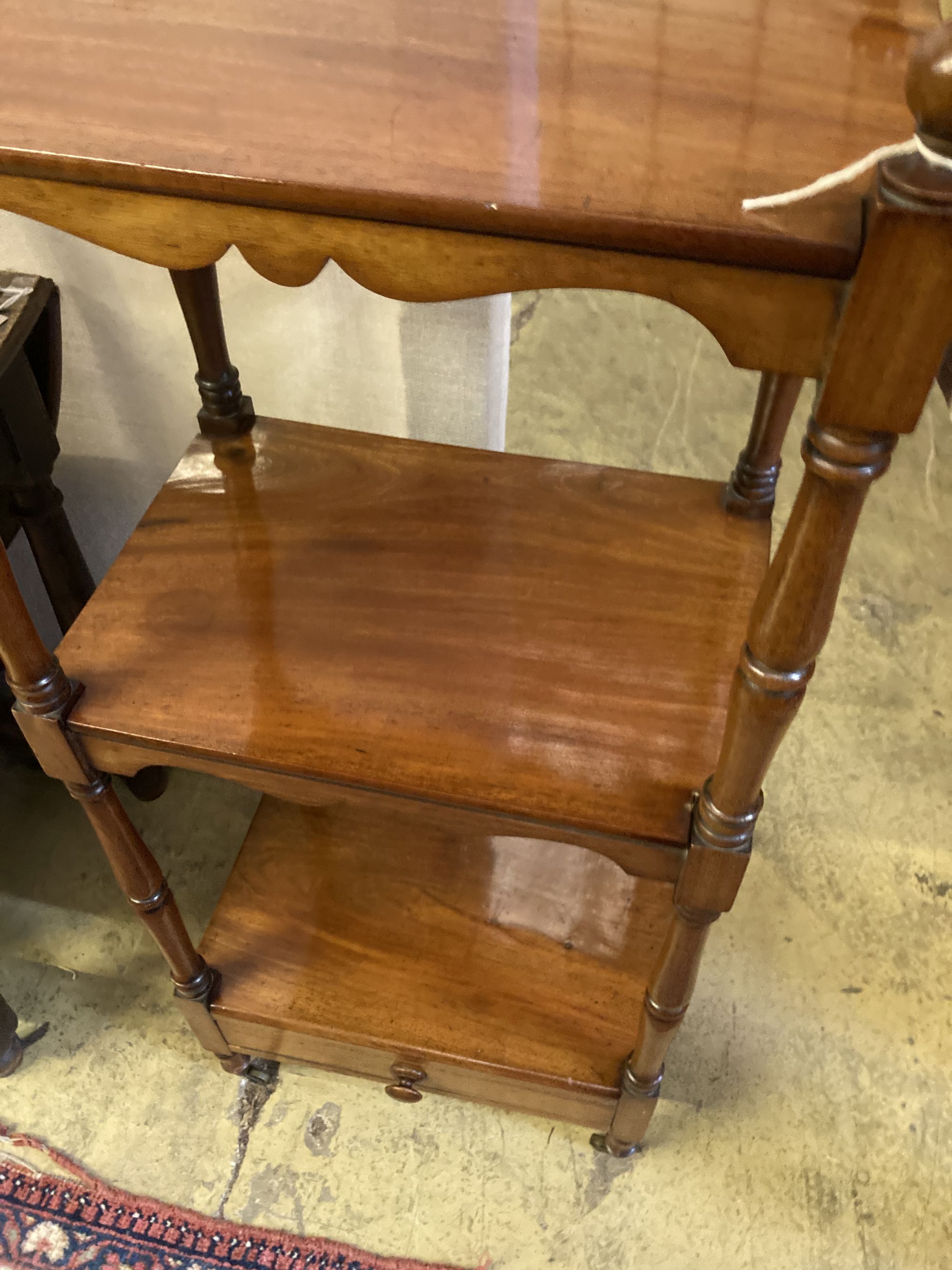 A Victorian mahogany three-tier whatnot, width 46cm, depth 33cm, height 110cm